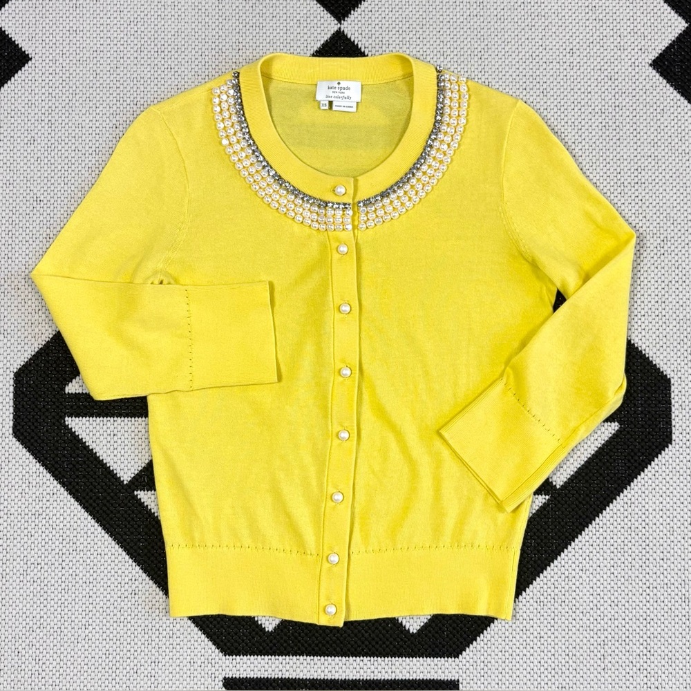Kate Spade Tula Beaded Pearl & Rhinestone Cardigan in Lemon Yellow XS